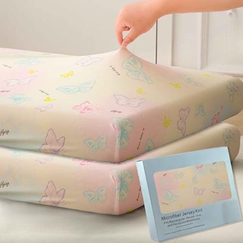 Image of Jersey Butterfly Crib Sheets for Baby Girls,52 inchx28 inchx8, 2 Pack,Pink Cute Kawaii Standard Oval /Retangle Fitted Crib Sheets for Toddler,Super Soft Breathable