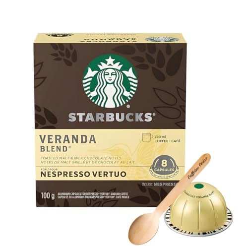 Caffeine Craze Bundle with Nespresso Vertuoline Starbucks Coffee and Eco Friendly Biodegradable Wooden Spoon (8 Count (Pack of 1), Veranda Blend)