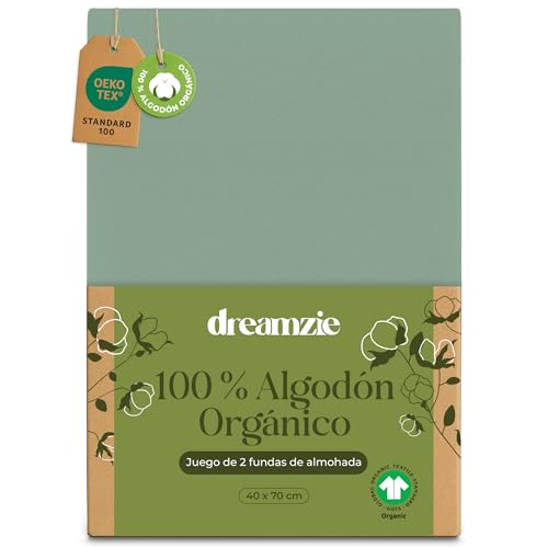 Dreamzie - Funda de Almohada 40x70 cm Algodón Orgánico - Juego de 2-100% Algodón - Verde - Funda Almohada 70x40 Algodon con Cremallera - Oeko-Tex