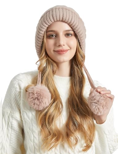 Gorro feminino de inverno quente de tricô para esqui na neve com pompom fofo forrado com lã, Broche,