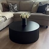 kevinplus Black Round Coffee Table Modern Side Table End Table for Living Room, Wood Circle Drum Coffee Table Contemporary Living Room End Table Side Table, Matte Black (ø35.4'' x 13.7'')