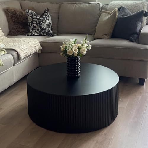kevinplus Black Round Coffee Table Modern Side Table End Table for Living Room, Wood Circle Drum Coffee Table Contemporary Living Room End Table Side Table, Matte Black (ø35.4'' x 13.7'')