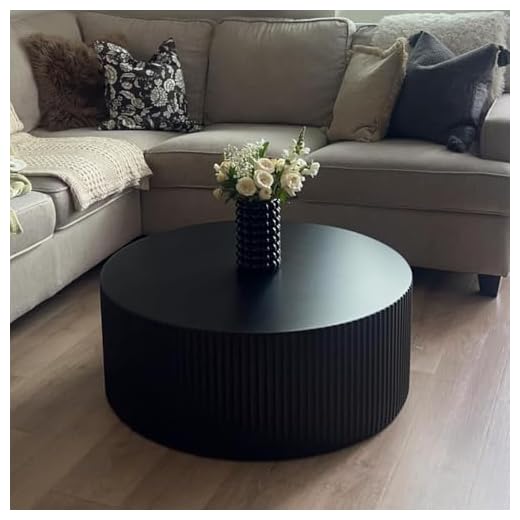 kevinplus Black Round Coffee Table Modern Side Table End Table for Living Room, Wood Circle Drum Coffee Table Contemporary Living Room End Table Side Table, Matte Black (ø35.4'' x 13.7'')