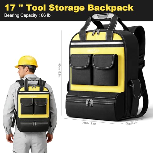 Image of Serplex 17'' Tool Organizer Backpack 1200D Polyester Tool Bag Organizer with 18 Pockets, Closable Handle, Freestanding Tool Storage Backpack for Electricians, Plumbers, Mechanics & DIY, 12x9.5x18''