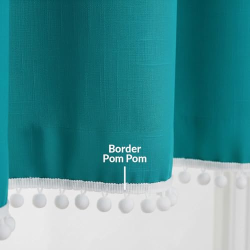 Image of HOMEMONDE Sheer 10 Feet Curtains with Decorative Side Border Pompom Curtain for Long Door, Linen Textured Light Filtering, Rod Pocket, 1 Piece - (304 CM, Blue)