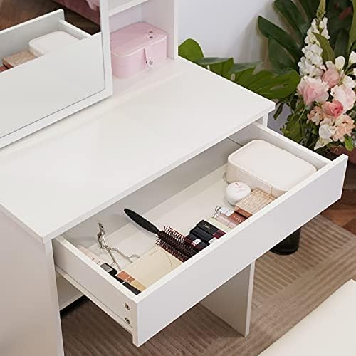 TUKAILAi White Vanity Dressing Table Set Corner Makeup Desk with 1 Big Drawer, 1 Slide Mirror, 6 Shelves and Stool Bedroom Furniture Bedroom Dressnig Table