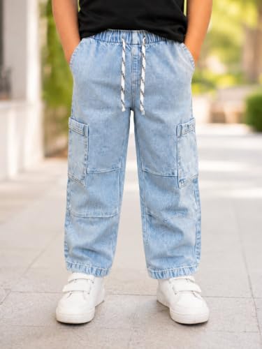 Image of DENRO Kids Boys 100% Cotton Denim Cargo Jeans | Straight Fit Mid-Rise Casual Pants | Elastic Waist Pull-On Jeans with Drawstring & 5 Pockets | Blue
