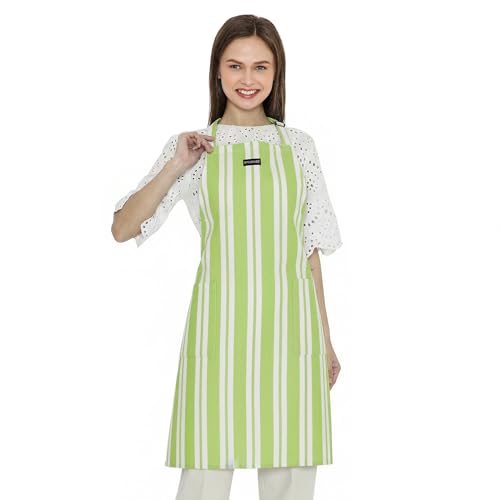 Image of Encasa XO Cotton Cooking kitchen Apron for Women and Men chef apron With adjustable neckstrap, Pocket & Towel Holder for Easy cooking, Baking, BBQ, Gardening- Franca Lime Stripes, 68x85 cm