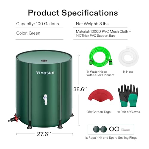 VIVOSUN Collapsible Rain Barrel, 100 Gallon Water Storage Tank with 1000D Oxford Cloth, Portable Rain Collection System Includes Two Spigots and Overflow Kit, Green