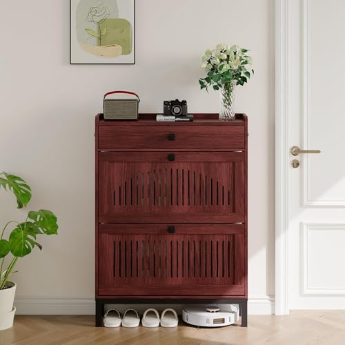 Garvee Zapatero de Madera con 2 Cajones Abatibles Mueble Estrecho para Pasillo y Recibidor Diseño Transpirable Organizador Zapatos Moderno Gran Capacidad Ahorro de Espacio 80x24x110cm Nogal