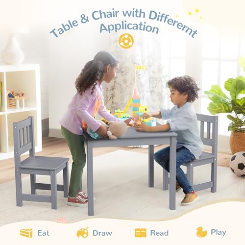 Image of Curipeer Toddler Table and Chair Set, Kids Table and Chairs, Kids Table with Rubber Wood Legs for Children, Toddler Table and 2 Chairs for Kid's Room, Bedroom, Playroom (Gray)