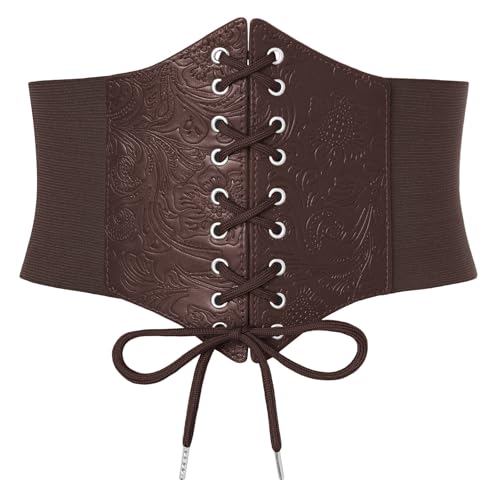 GRACE KARIN Elastic Waist Belt for Women - Stretchy Corset Belt with Lace-Up Design, Coffee Jacquard Pattern, Ideal for Coffee Lovers, Tea Drinkers, and Home Baristas as a Fashion Accessory