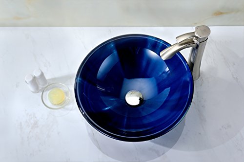 Anzzi Meno Series Modern Tempered Glass Vessel Bowl Sink In Lustrous Blue | Top Mount Bathroom Sinks Above Counter | Round Vanity Countertop Sink Bowl With Pop Up Drain | Ls-Az051 #TOP3