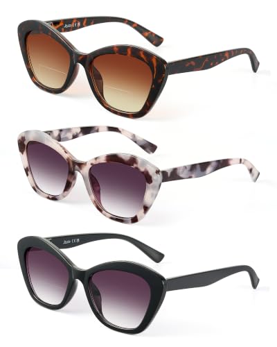 LADEESSE 3 Pack Bifocal Reader Sunglasses for Women Fashion Cateye Sun Readers Outdoor Reading Glasses UV400 +1.50 Protection