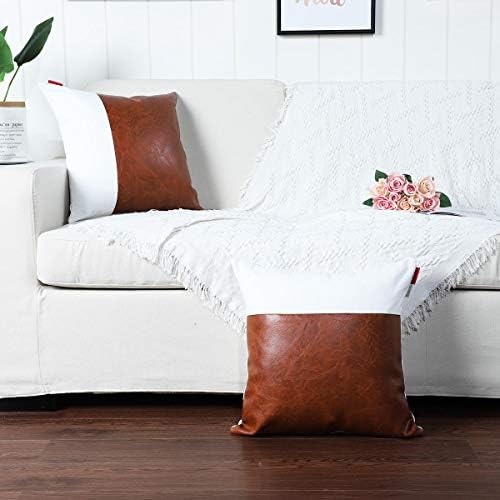 Mandioo Brown White Luxury Boho Decorative Cushion Covers 16x16 Inches Faux Leather and Cotton Farmhouse Throw Pillowcases for Couch Sofa Bed 40cmx40cm,Pack of 2