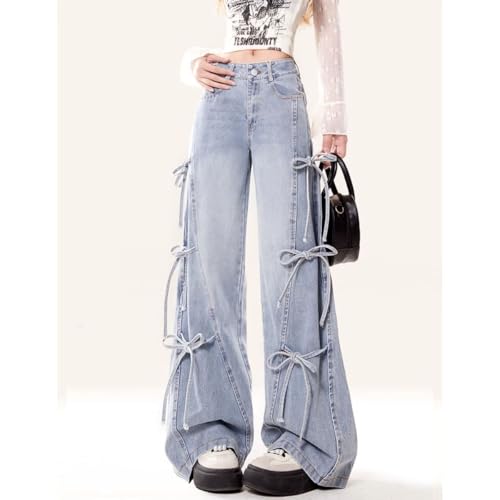 Fashion Casual Straight High Waisted Baggy Jeans Y2K Gradual Patchwork Multiple Drawstring Wide Denim Pants3