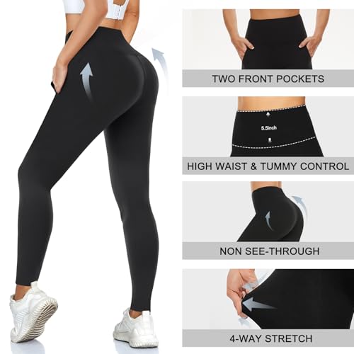 MOREFEEL Leggings with Pockets for Women, High Waisted Tummy Control Workout Black Hip Lift Yoga Pants Activewear