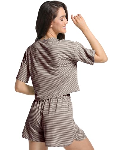 Image of Split Short Pajama Set Soft Women's Striped Pajama Sleeve Tee & Elastic Waist Shorts Summer Lounge Sleepwear