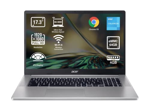 Acer Chromebook 317 CB317-1H - Ordenador Portátil 17.3" HD, Laptop (Intel Celeron N4500, 4GB RAM, 64GB eMMc, Intel UHD Graphics, Chrome OS), PC Portátil Color Plata - Teclado Qwerty Español