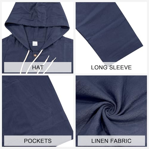 TAFLE Mens Linen Long Sleeve Button Down Shirts with Pockets Casual Hawaiian Beach Shirts Lightweight Fashion Hoodies Overshirt Jacket Navy