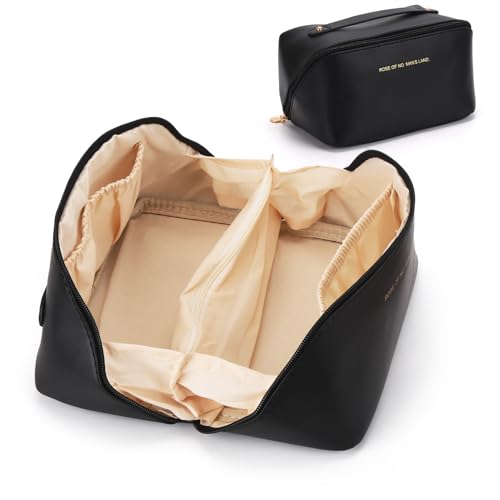Travel Makeup Bag Zipper Pouch, Large Portable Cosmetic Bags for Women, PU Leather Makeup Organizer Toiletry Bags - Black