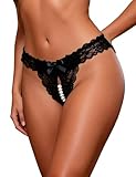 ohmydear Spitze String Tanga Ouvert Slips Niedrige Taille Unterwäsche Sexy Dessous Damen mit Perlen im Schritt Erotische Höschen für Frauen, Offener Schritt Reizwäsche mit Schleife Schwarz XL