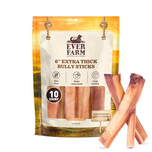 EVER FARM Pet Odor-Free Extra Thick Jumbo Bully Sticks for Large Dogs (6', 10 Pack) – All-Natural, Long-Lasting Dog Chews Made from 100% Grass-Fed Beef, High-Protein & Grain-Free.
