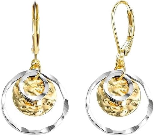 Hypoallergenic Bohemian Disc Leverback Dangle Earrings for Women - Gold/Silver Two-Tone Circle Flat Hammer Pattern Fashion Jewelry Gifts Hammered Drop Earrings