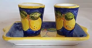 BICCHIERINI LIMONI (2 PEZZI) PER LIMONCELLO + VASSOIO IN CERAMICA DI VIETRI DIPINTI A MANO, BICCHIERE LIQUORE AMARO ARREDO TAVOLA COSTIERA AMALFITANA MADE IN ITALY