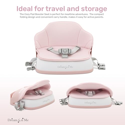 Image of Dream On Me Cozy Pod Baby Booster Seat for 6-36 Months, Portable Travel Booster Chair with 3-Point Safety Harness & 2 Fixing Belts, for Table & Dining, Lightweight Foldable & Easy to Carry - Pink