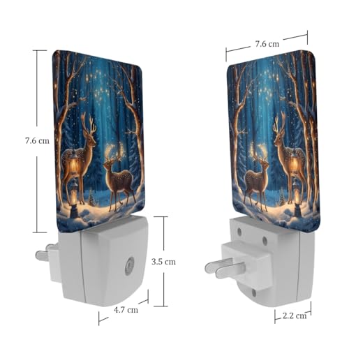 Image of NEWzone Reindeer Starry Night Nature Forest Night Light Set of 2, Auto Sensor LED Dusk-to-Dawn Nightlights, Plug-in Sensor Lamp for Bedroom Bathroom Kitchen Hallway Stairs Decorative