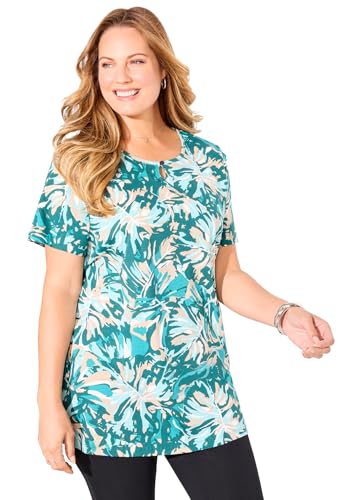 Catherines Women's Plus Size Easy Fit Teardrop Tunic - 2X, Teal Layered Palms
