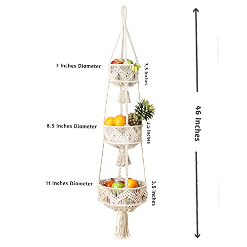 Folkulture 3 Tier Hanging Fruit Basket For Kitchen, Macrame Hanging Basket For Fruit And Vegetable Storage, Boho Wall Baskets For Organizing, Boho Decor For Indoor Plants, 46 Inches Long #TOP2