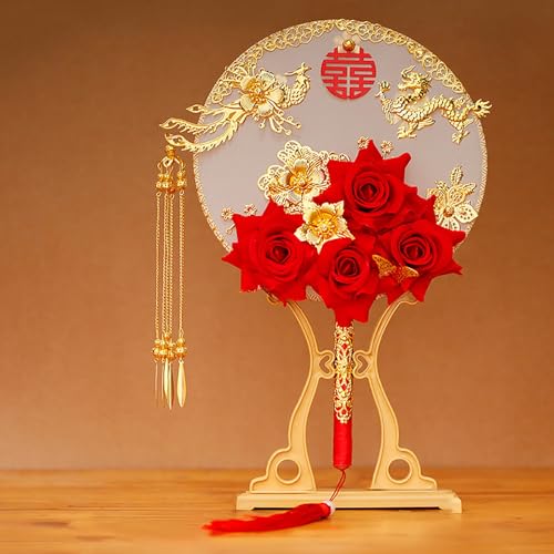 LEFEDA Ventilateur de Mariage Valentine Rose Hand Fan ancien Ventilateur Oriental en Soie Ventilateur Traditionnel Court Paddle Dance Fan Fête de Mariage Fête du Printemps Chinois Cadeau (Size : B)