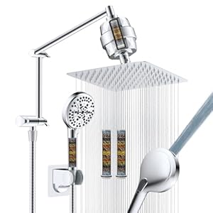 iFealClear Metal Rain Filtered Shower Head, 10” High Pressure Rainfall Shower Head with Handheld Spray, 5“ Handheld Powerful Wash 10-Mode, 16″ Adjustable Extension Arm, 20-Stage Shower Filters, Chrome