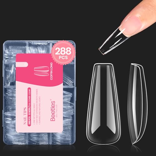 Beetles Short Almond Nail Tips - 288PCS 12 Sizes Full Matte Cover Pre-Etched & Pre-Shaped Soft Gel False Nail Tips Acrylic Nail Tips Nail Extension Tips for Gel Polish DIY Manicure