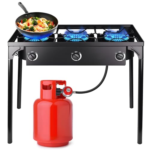 3 Burner Propane Gas Stove 225000 BTU Outdoor Propane Stove Portable Camping Gas Burner with Detachable Stand Adjustable Fire Power for Backyard Patio Outdoor Cooking Black