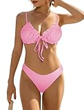 ZAFUL Women's Wrinkled Bikini Set Ruffles Solid Lace Up High Cut Brazilian Two Piece Bathing Suit (Light Pink M)