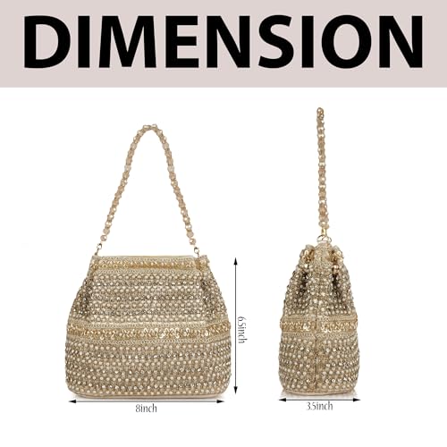 Image of Nevis Silk Fabric Premium Pearl & Crystal Embroidered Potli Bag for Women | Ethnic Bridal Clutch with Golden Handle | Party & Wedding | Potli Bag
