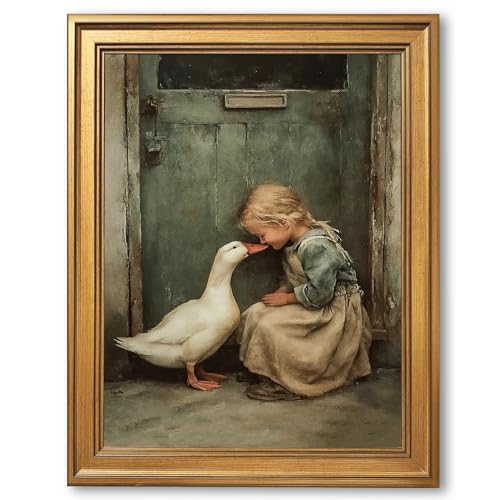 Whimsical Moody Girl With Duck Love Wall Art Vintage Cottagecore