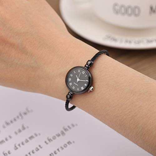 Top Plaza Womens Fashion Analog Quartz Bangle Cuff Wrist Bracelet Watch Elegant Stainless Steel Wire Band Roman Numerals Dress Watches 6.8 Inches - Black Tone Black Dial #TOP1
