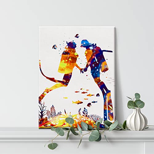 Scuba Diving Couple Watercolor Wall Art Scuba Diving Canvas Painting Prints For Home Office Wall Decor Framed Artwork Gifts(12X15) #TOP3