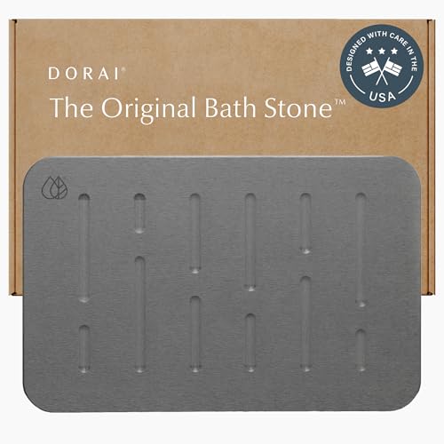 Dorai Home Bath Stone – Luxury Stone Bath Mat – Instantly Removes Water – Non-Slip Surface – Modern and Stylish Design – Rubberized Bottom Pad – Rain Slate