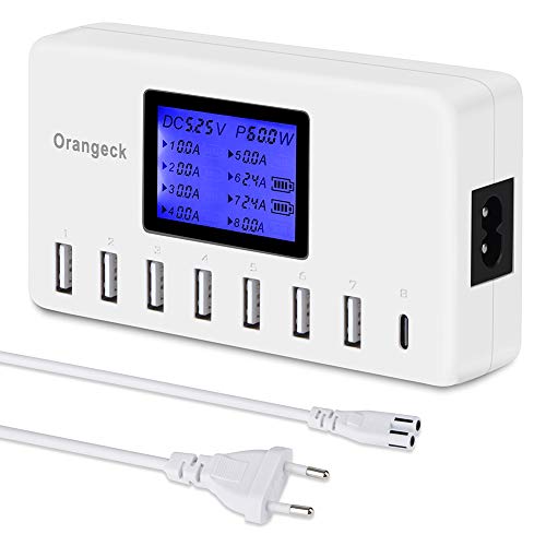 Orangeck Cargador USB, Cargador de Redcon Pantalla LCD 8 Puertos Enchufe de Base Escritorio, Multiple USB Cargador para iPhone 11 X MAX, iPad, iPod, Samsung, Galaxy, Huawei
