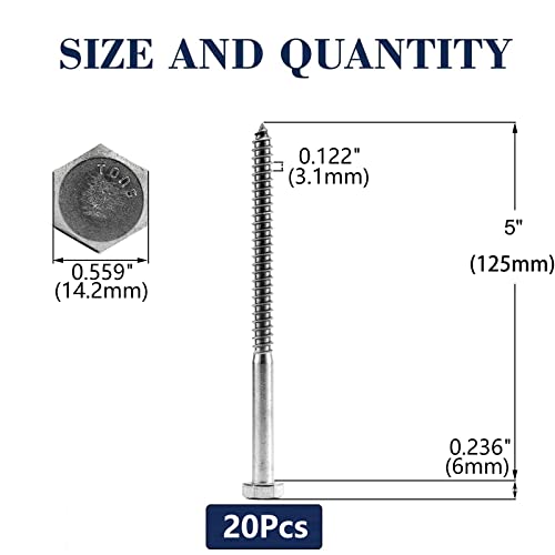 Image of 3 /8 inch x 5 inch Hex Head Lag Screws Bolts 20Pcs 304 Stainless Steel 18-8, Partial Thread, Hexagon Head Wood Screws by SG TZH