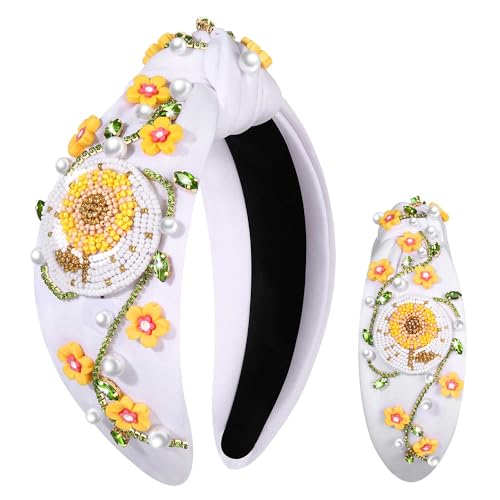 mokkia Women's Summer Headband with Beaded Flower Design, White Pink, Top Knot Headband for Beach, Boho Hair Accessories
