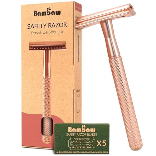 Bambaw - Bambaw Rose Gold Safety Razor Women with 5 Replacement Shaving Blades Made of Swedish Stainless Steel, Metal 1 Blade Razor Women Easy & Safe to Use, Suitable for All Skin Types (Rose Gold)