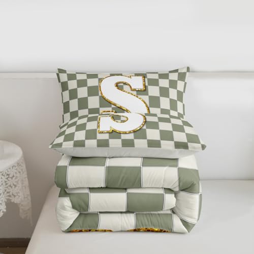 Image of Erosebridal Sage Green Checkered Comforter Set Queen Plaid Initial S Bedding Set Personalized Monogram Comforter for Kids Adults,Fashion Grids Gingham Quilt Duvet
