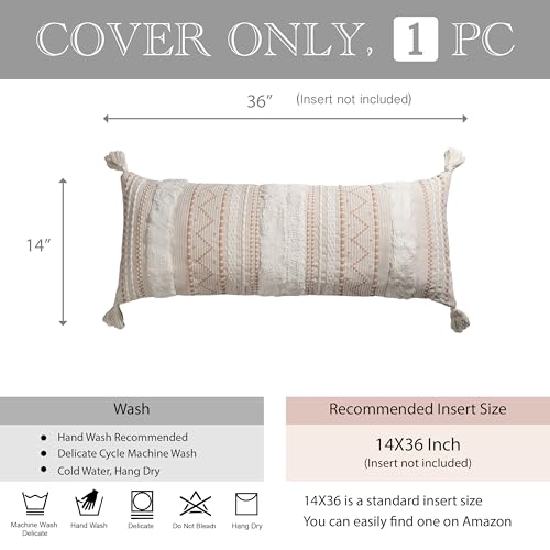 BlissBlush Cream Decorative Lumbar Throw Pillow Cover 14x36 Boho Long Cushion for Bed Neutral Beige White Accent Farmhouse Pillowcase for Bedroom Living Room Couch Sofa Home Décor Cover ONLY