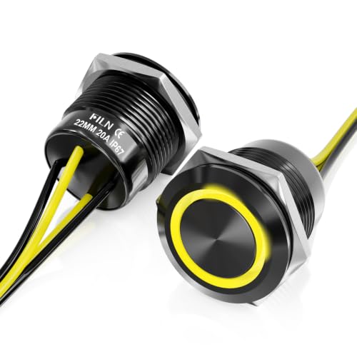 FILN 2PCS 22mm Latching Push Button Switch,20A on Off Switch 12v-24v IP67 Waterproof Marine Switches for Car, Boat, Motorcycle, DIY Enthusiasts(Yellow, Black Shell) by FILN - Used condition - US$19.57